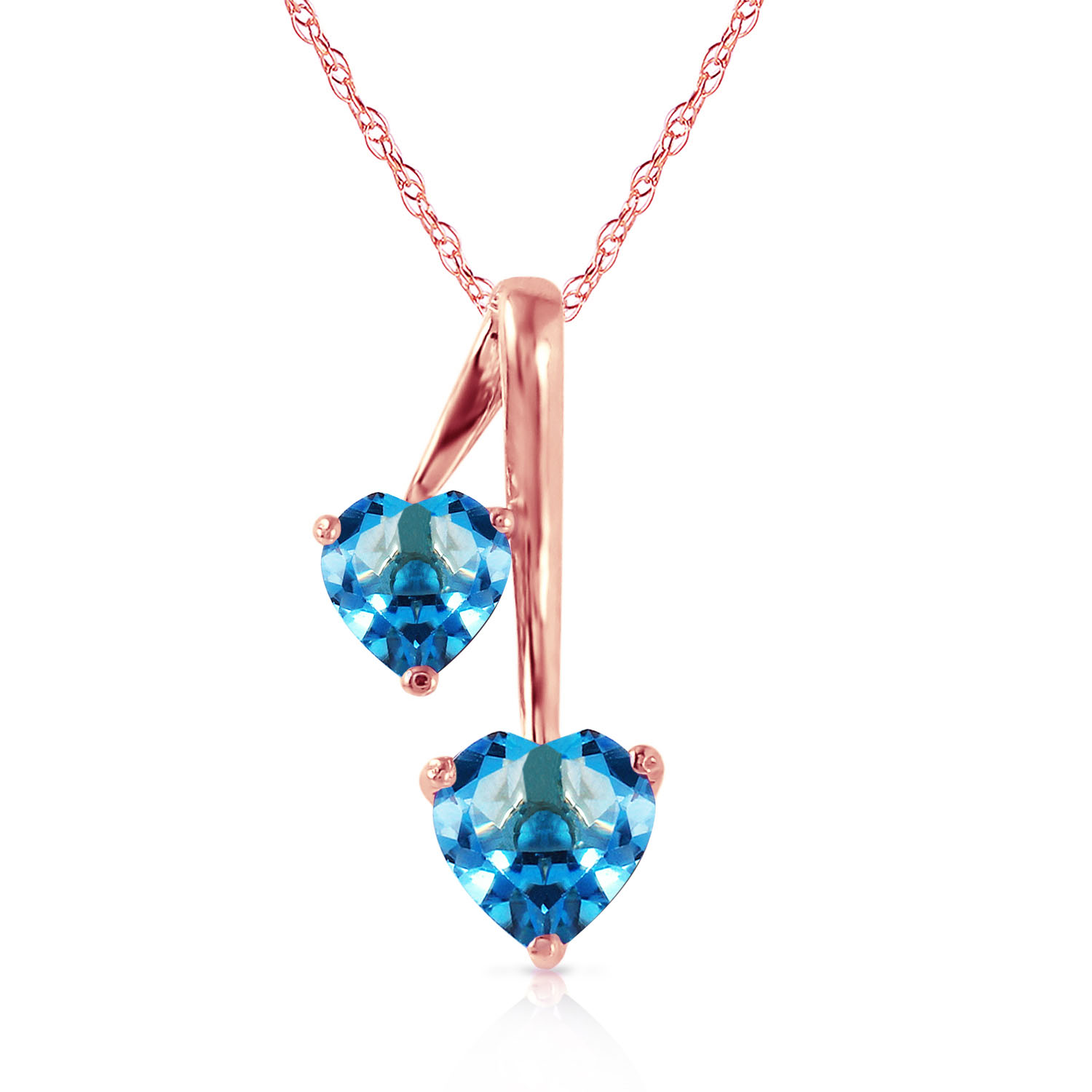 14K Solid Rose Gold Hearts Necklace with Natural Blue Topaz