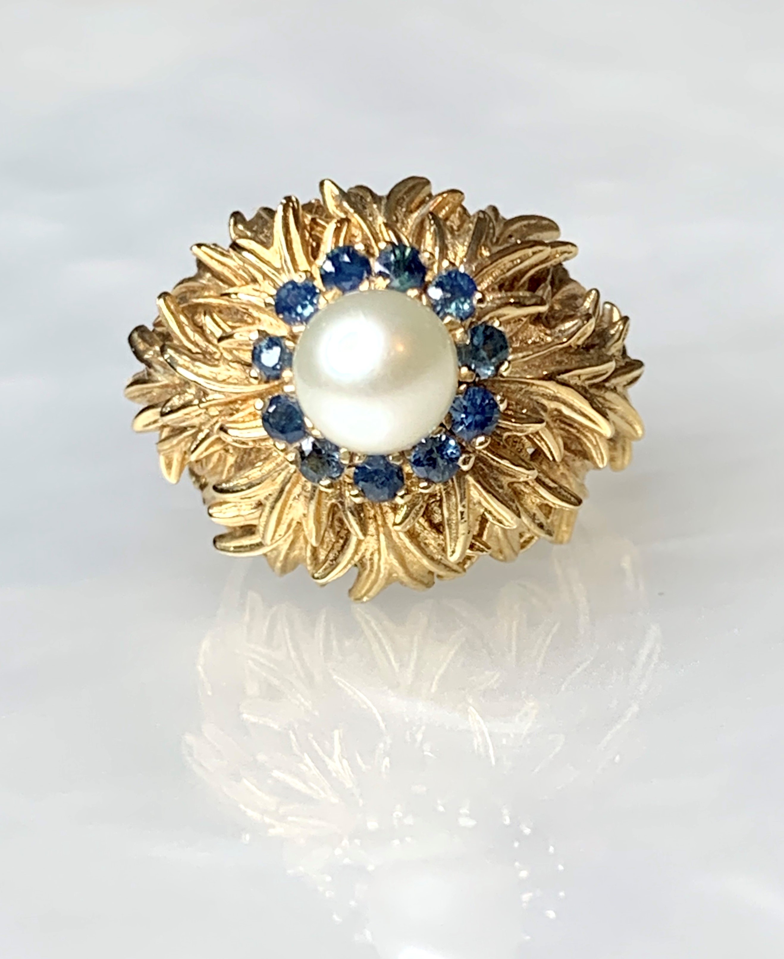 14K Yellow Gold Blue Sapphire Pearl Ring