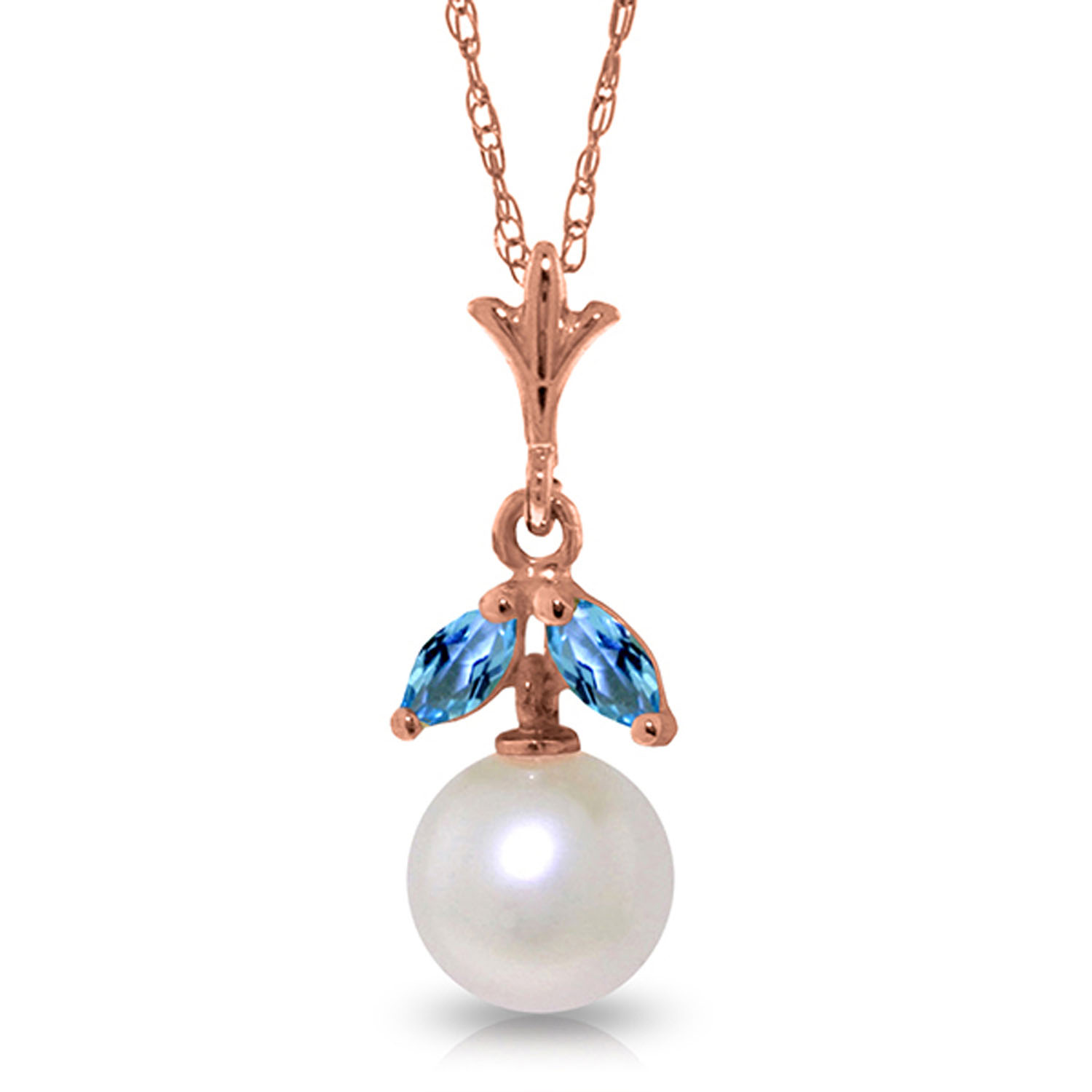 14K Solid Rose Gold Necklace with Natural pearl  Blue Topaz