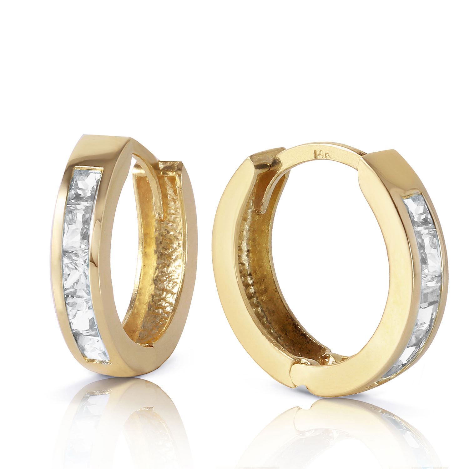 1.2 CTW 14K Solid Gold Hoop Huggie Earrings White Topaz
