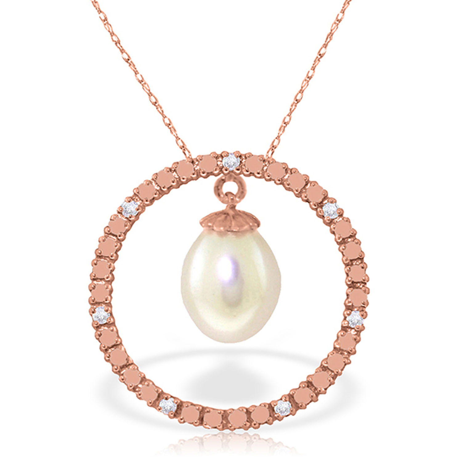 14K Solid Rose Gold Diamonds  pearl Circle Of Love Necklace