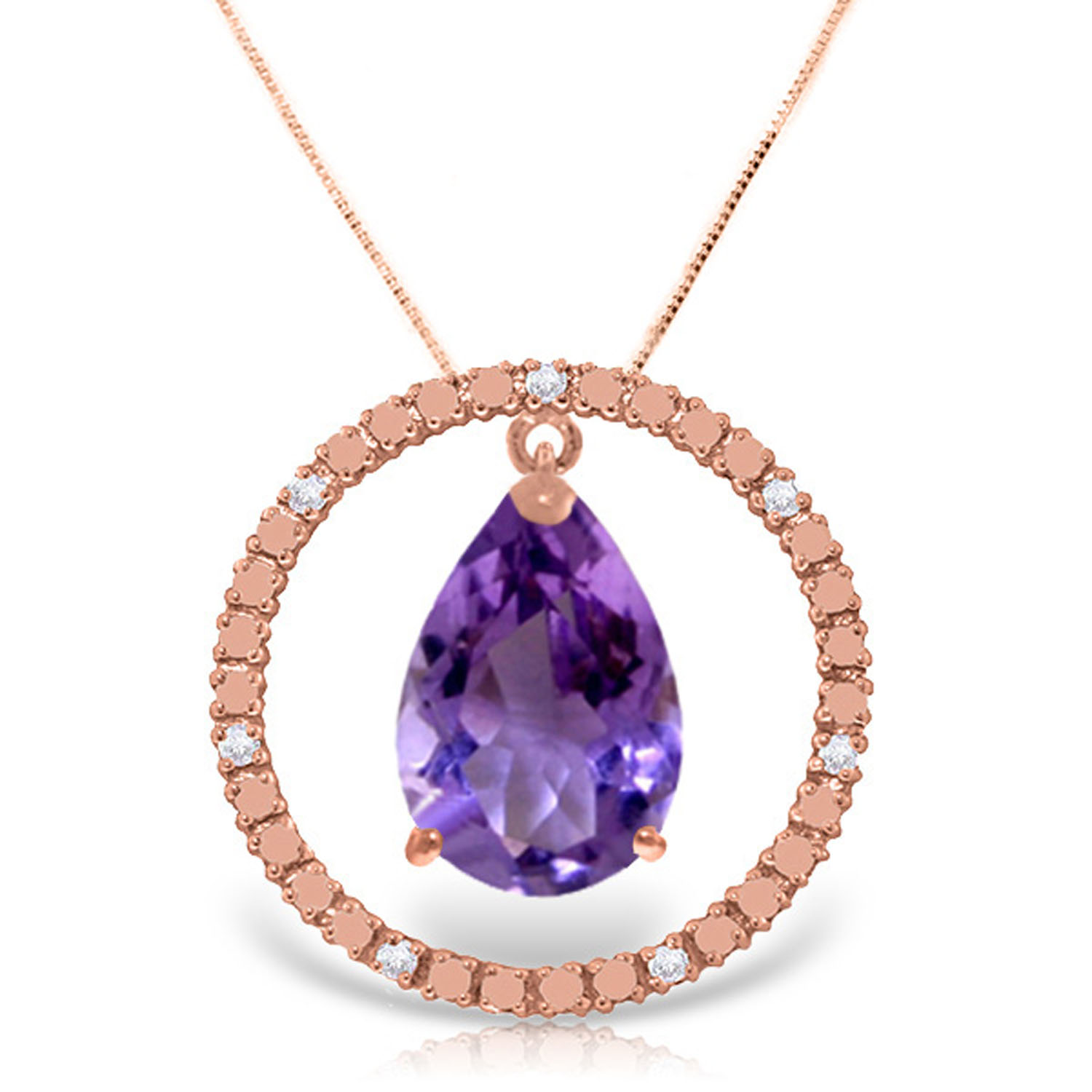 14K Solid Rose Gold Diamonds  Amethyst Circle Of Love Necklace