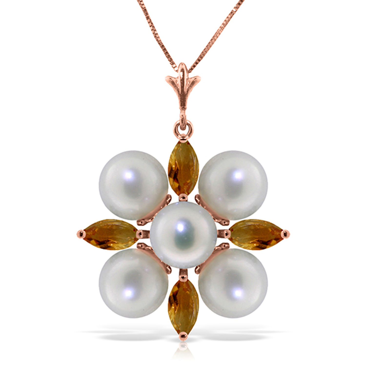 6.3 CTW 14K Solid Rose Gold Snowflake pearl Citrine Necklace