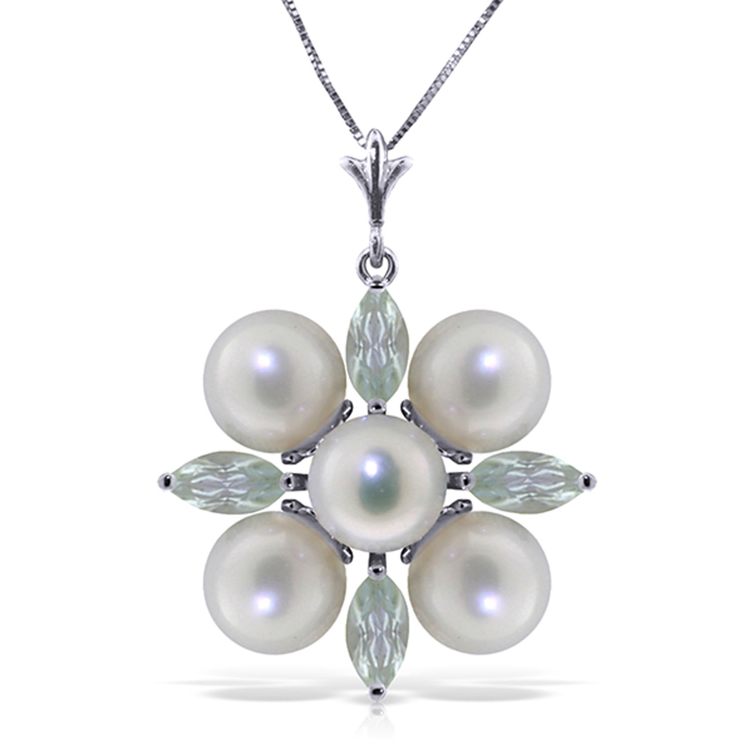 6.3 CTW 14K Solid White Gold Kissing Spree Aquamarine pearl Necklace