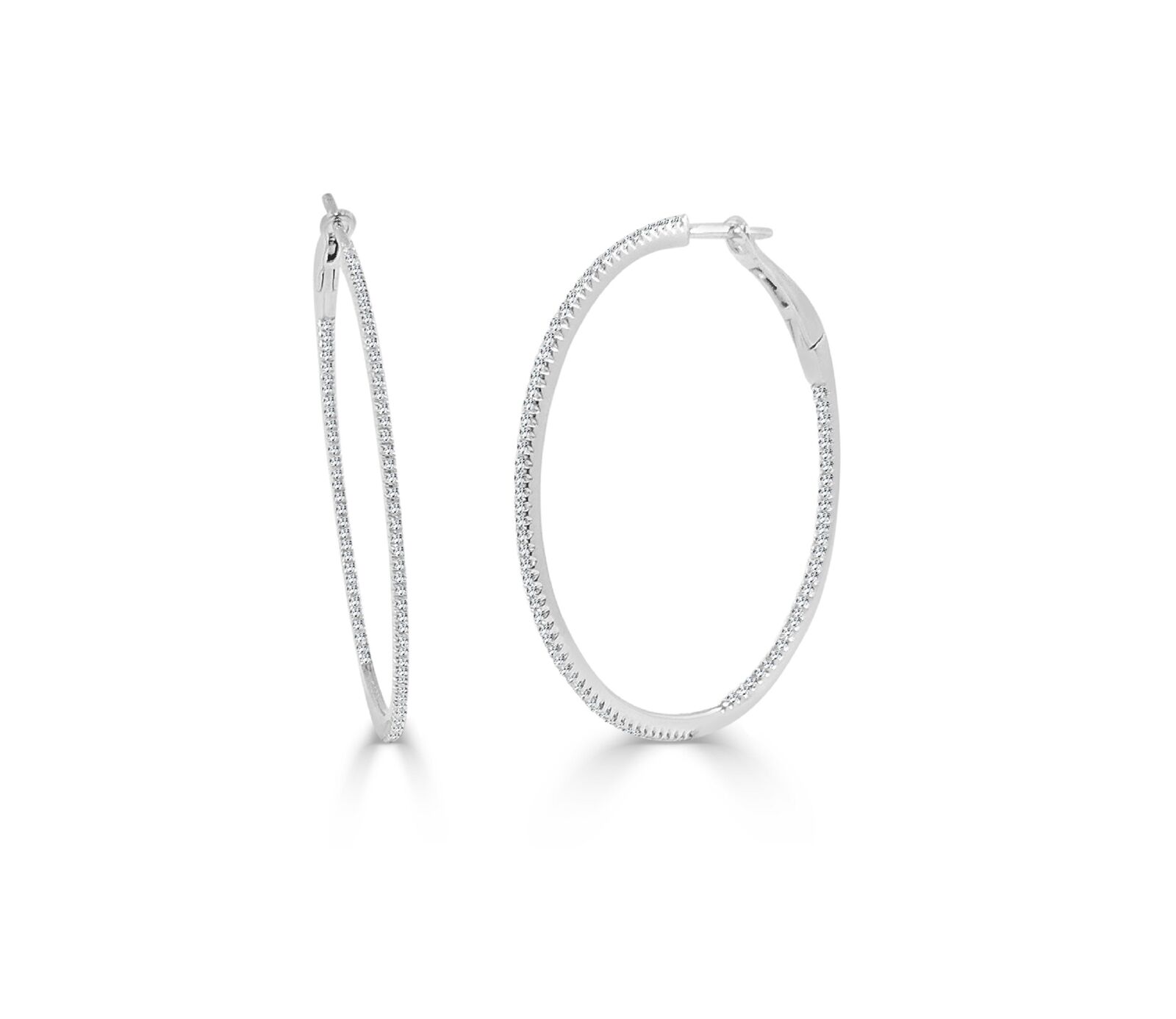 True 14k White Gold  Diamond Skinny Hoop Earrings