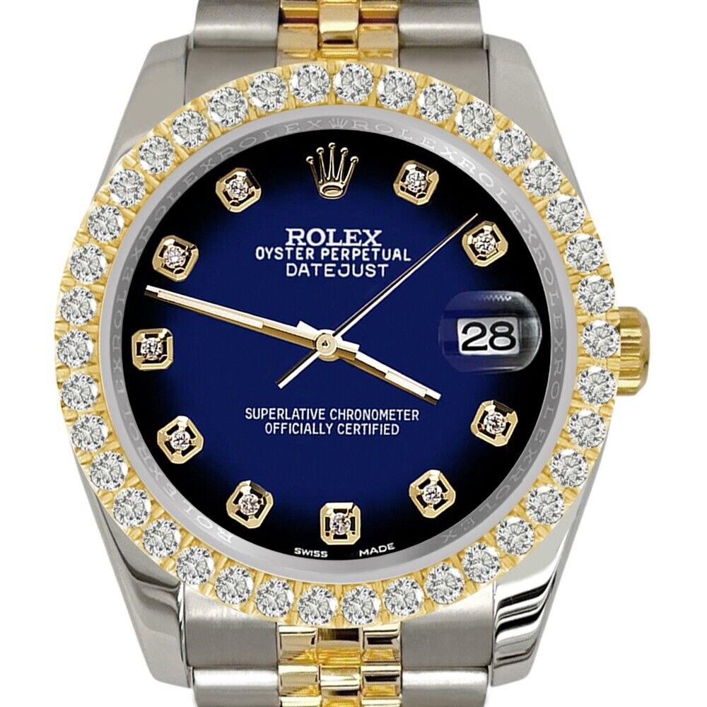 Rolex Datejust 36mm 2-Tone   Diamond Bezel/Blue Vignette Dial Jubilee Watch
