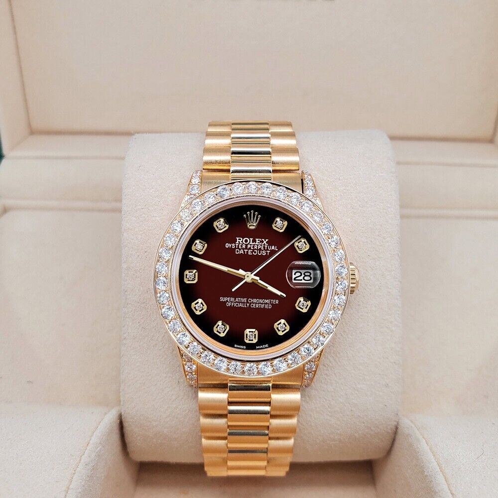 Rolex President Datejust  Diamond Bezel/Lugs/Maroon Vignette Watch