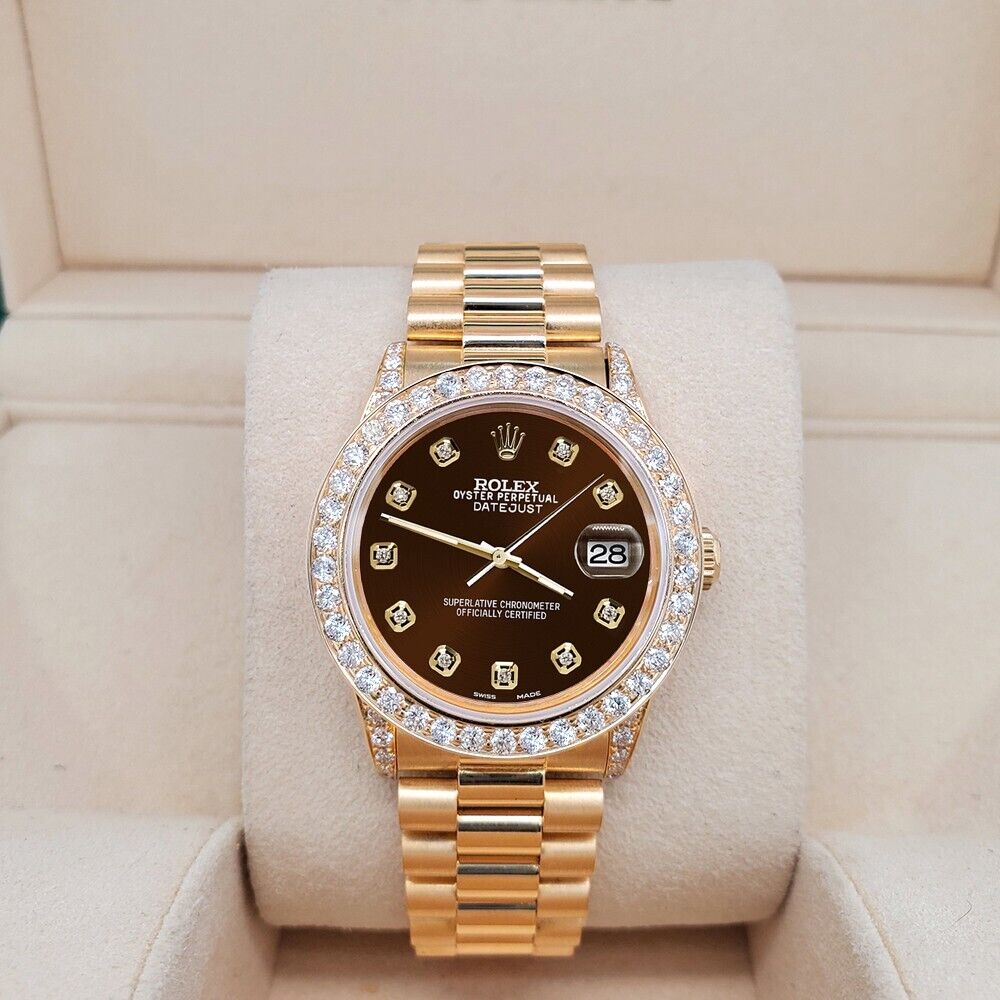 Rolex President Datejust  Diamond Bezel/Lugs/Chocolate Dial Gold Watch