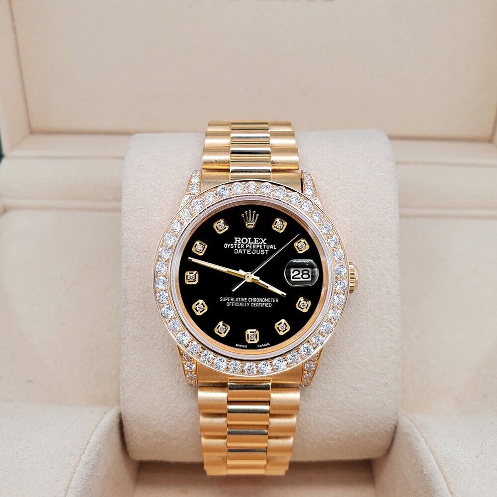 Rolex President Datejust   Diamond Bezel/Lugs/Black Dial Gold Watch