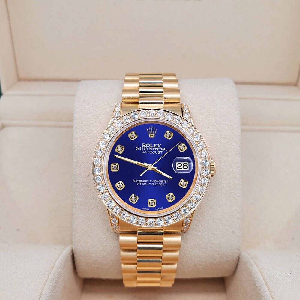 Rolex President Datejust   Diamond Bezel/Lugs/Navy Blue Dial Gold Watch