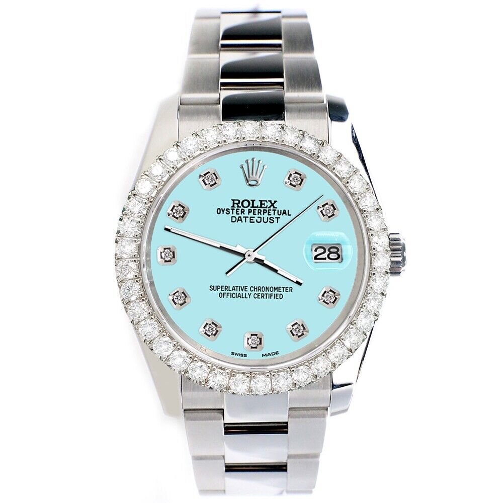 Rolex Datejust 36mm 2.7ct Aqua Blue Dial Watch with Custom Diamond Bezel