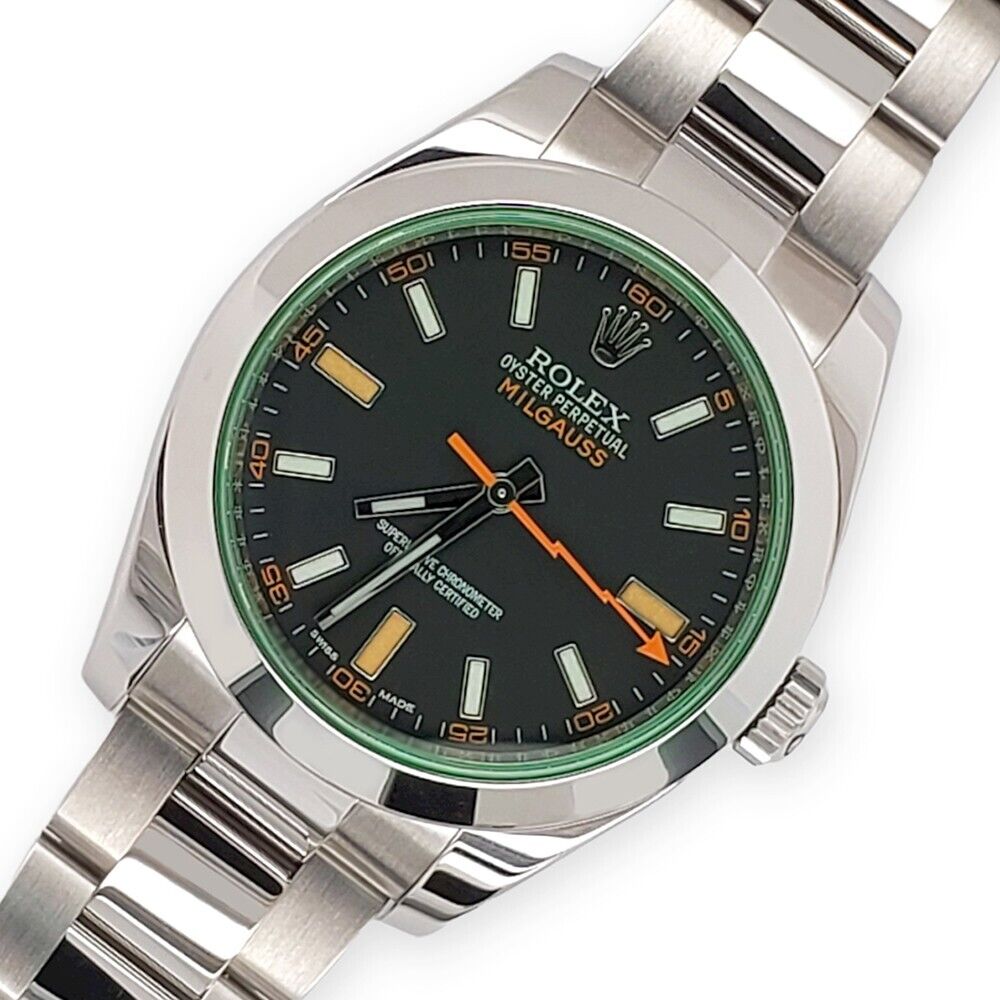 Rolex Milgauss 40MM   Green Crystal Black Dial Steel Watch Box Papers