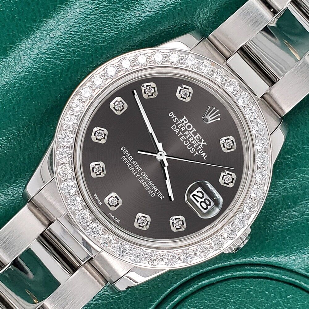 Rolex Datejust Midsize 31mm 1.52ct Bezel/Rhodium Gray Diamond Dial Oyster Watch