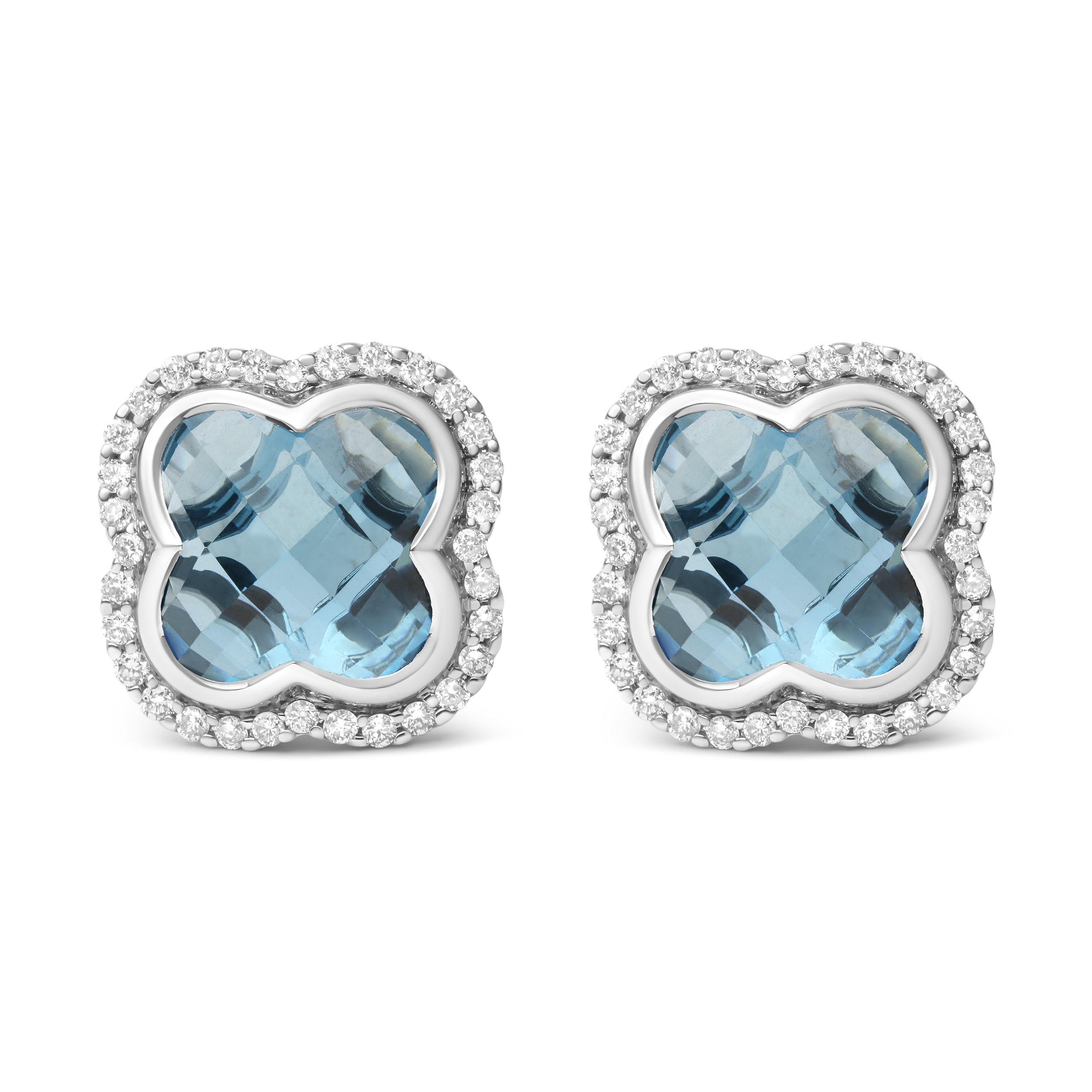 True 18K White Gold 3/8 Cttw Diamond and 11x11mm Clover-Cut London Blue Topaz Gemstone Halo Clover Stud Earrings (G-H Color, SI1-SI2 Clarity)