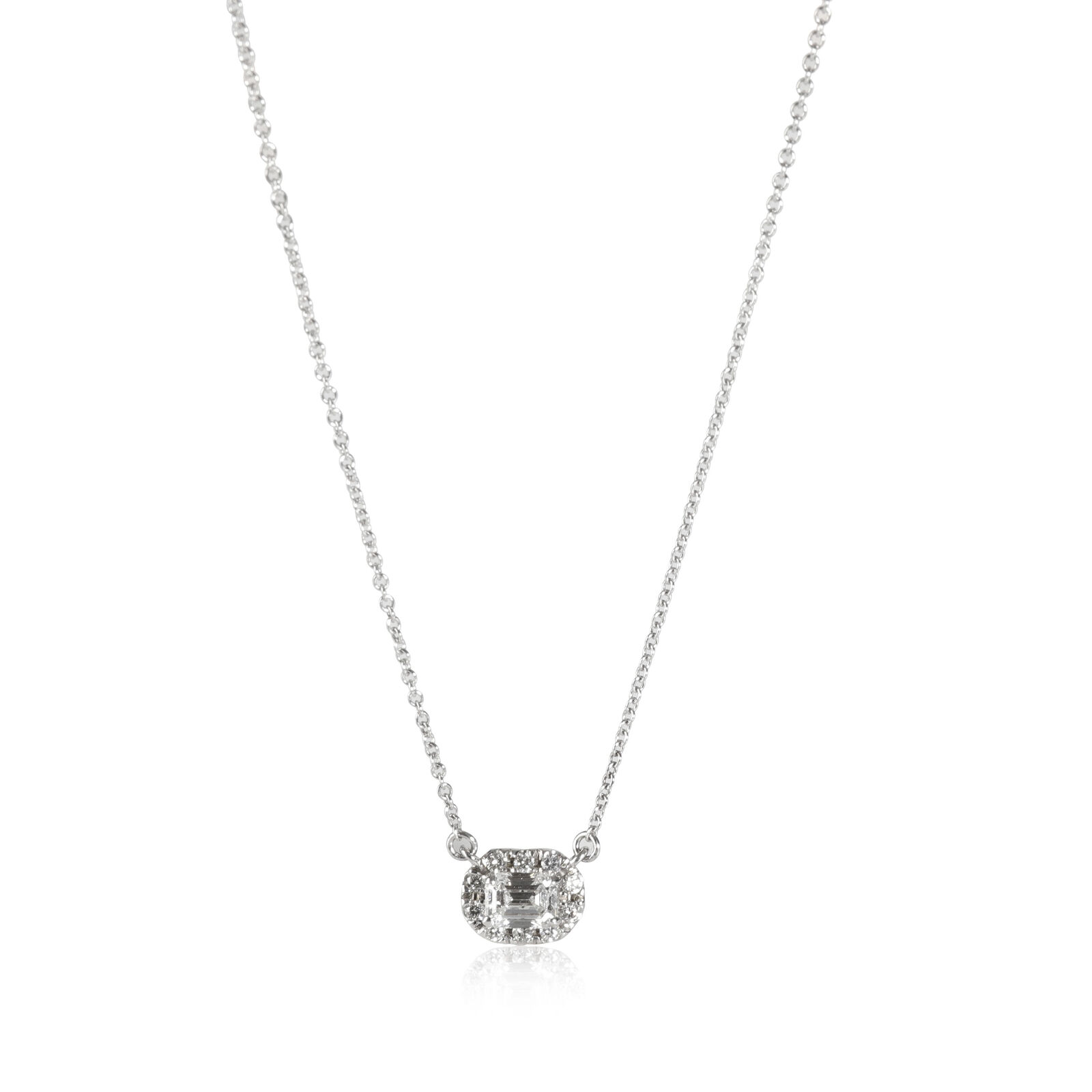 14K White Gold Emerald Cut Halo Necklace