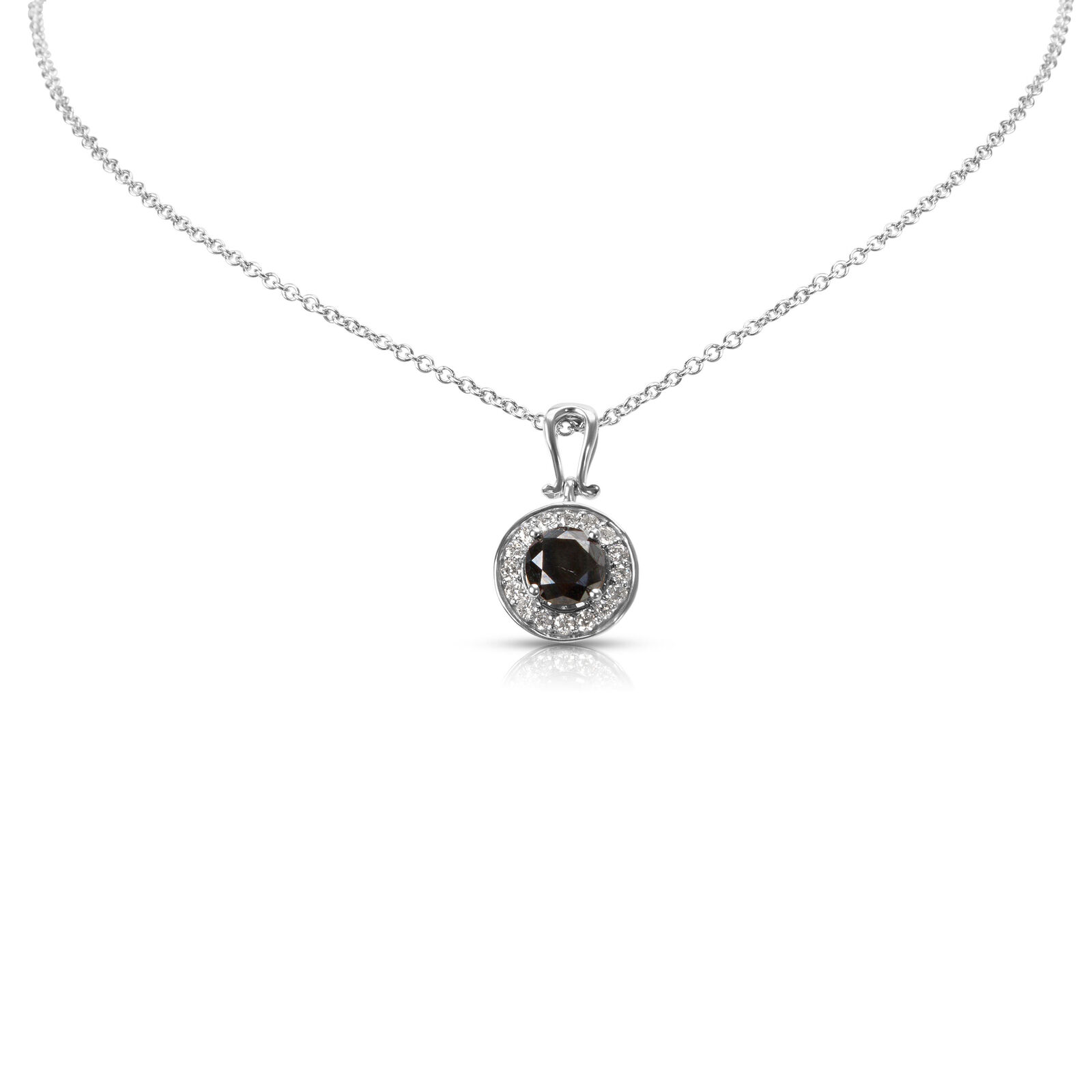 Black Diamond Halo Necklace in 14K White Gold