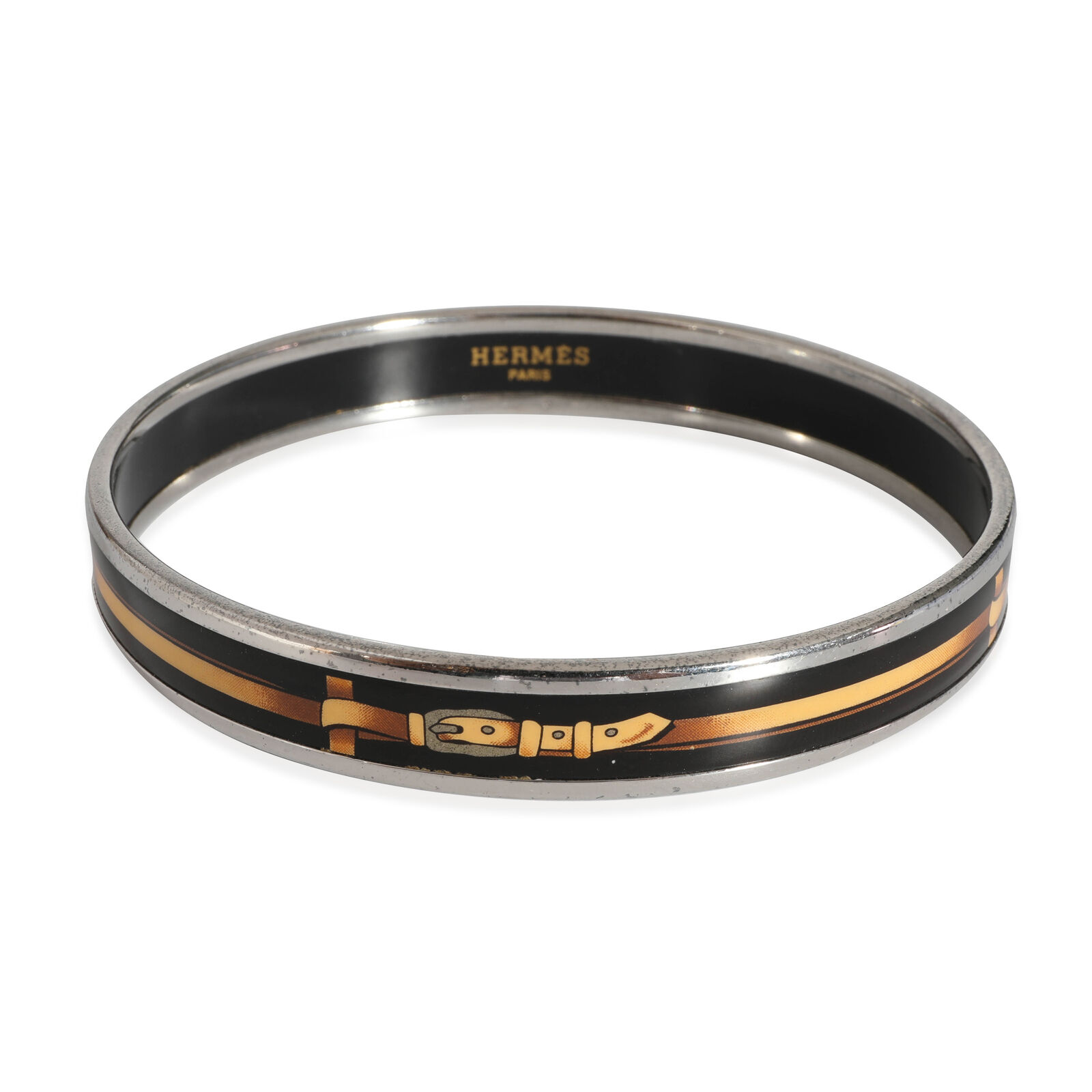 Auth Hermes Bangle Bracelet Gold/Black #324236H35B Hermes Narrow Enamel Bangle With Black & Gold Belt Buckle  main image 3