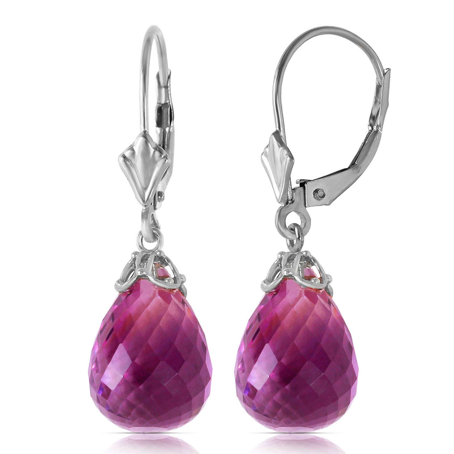 14 CTW 14K Solid White Gold Leverback Earrings Briolette Amethyst