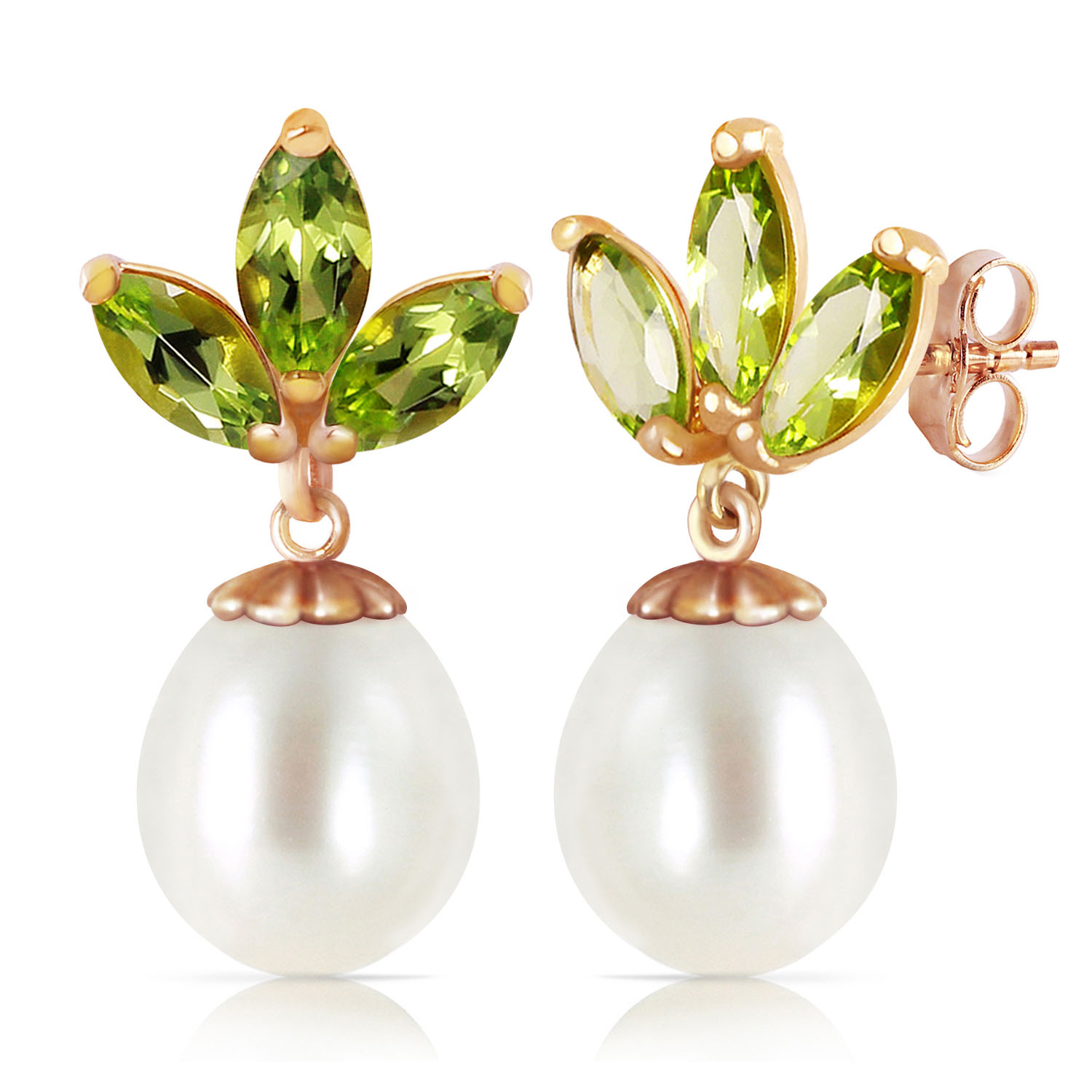 14K Solid Rose Gold Dangling Earrings with pearls  Peridots