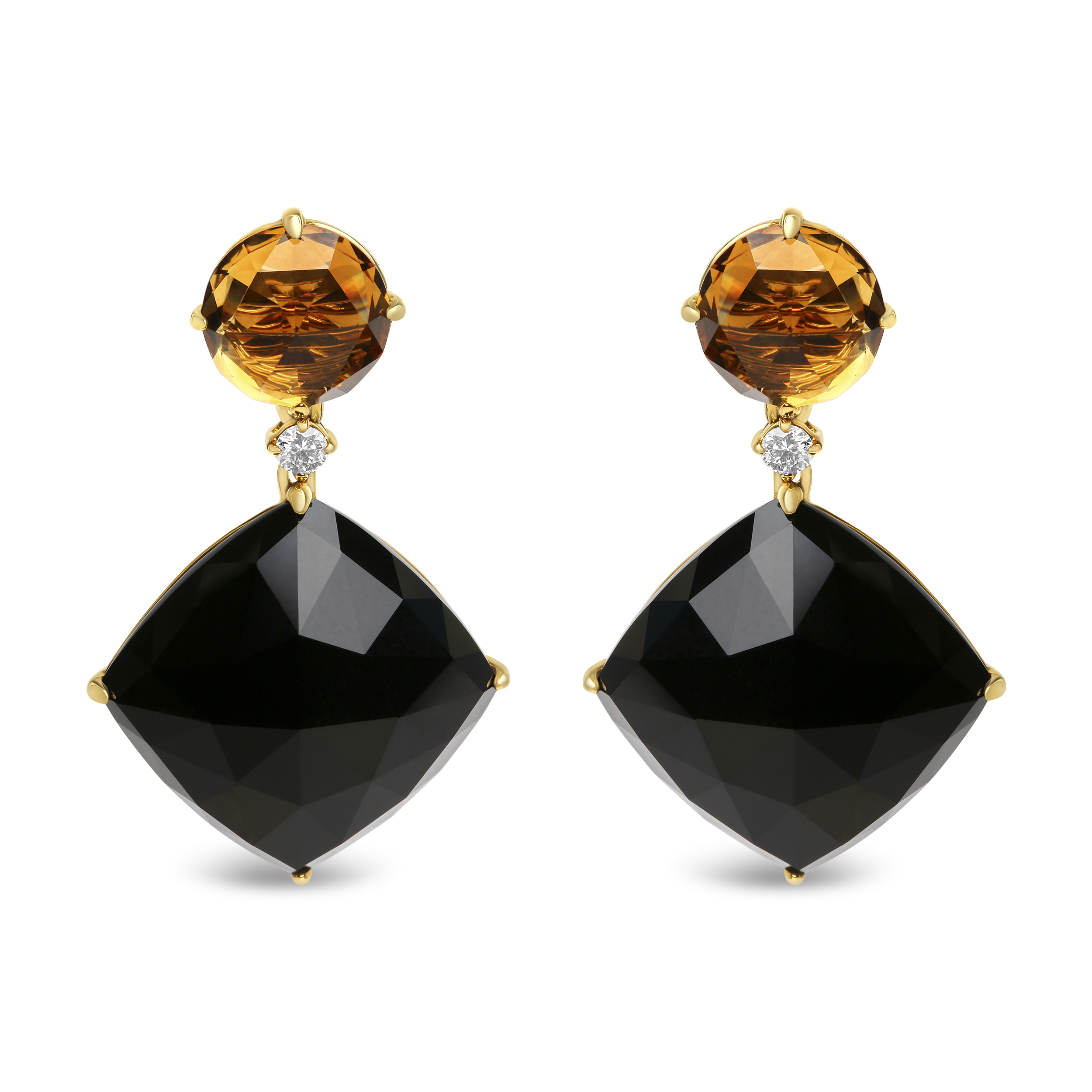18K Yellow Gold 1/5 Cttw Diamond with Round Yellow Citrine and Cushion Cut Black Onyx Gemstone Dangle Earring (G-H Color, SI1-SI2 Clarity)