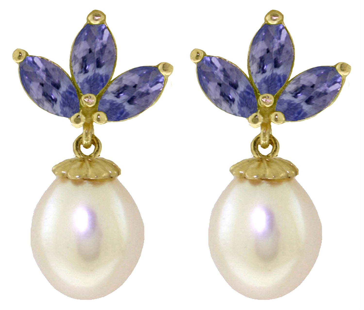 9.5 CTW 14K Solid Gold Dangling Earrings Cultured Pearl Tanzanite