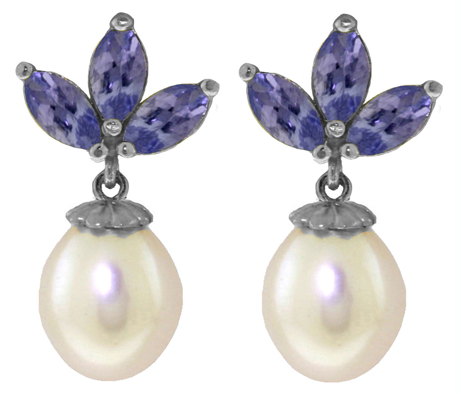 9.5 CTW 14K Solid White Gold Dangling Earrings Cultured Pearl Tanzanite