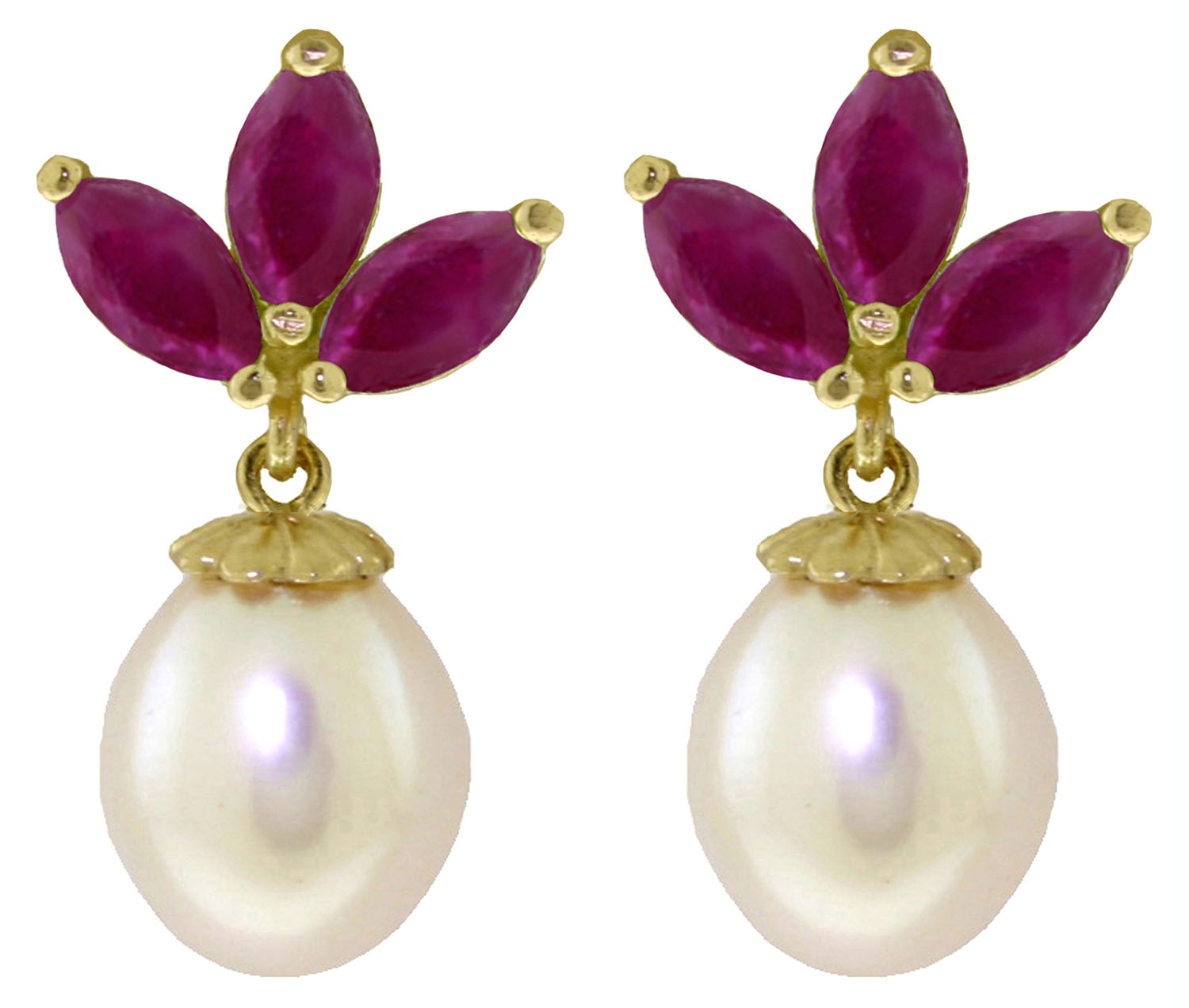 9.5 CTW 14K Solid Gold Dangling Earrings Cultured Pearl Ruby