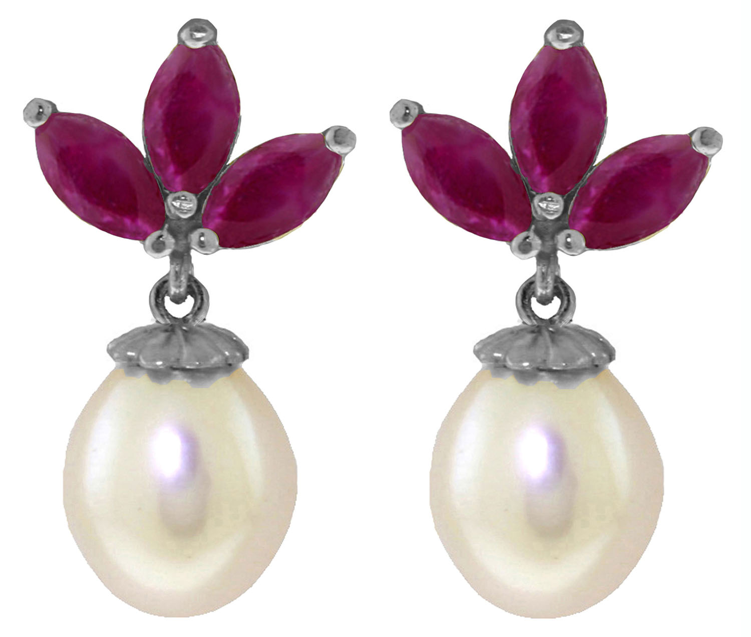 9.5 CTW 14K Solid White Gold Dangling Earrings Cultured Pearl Ruby