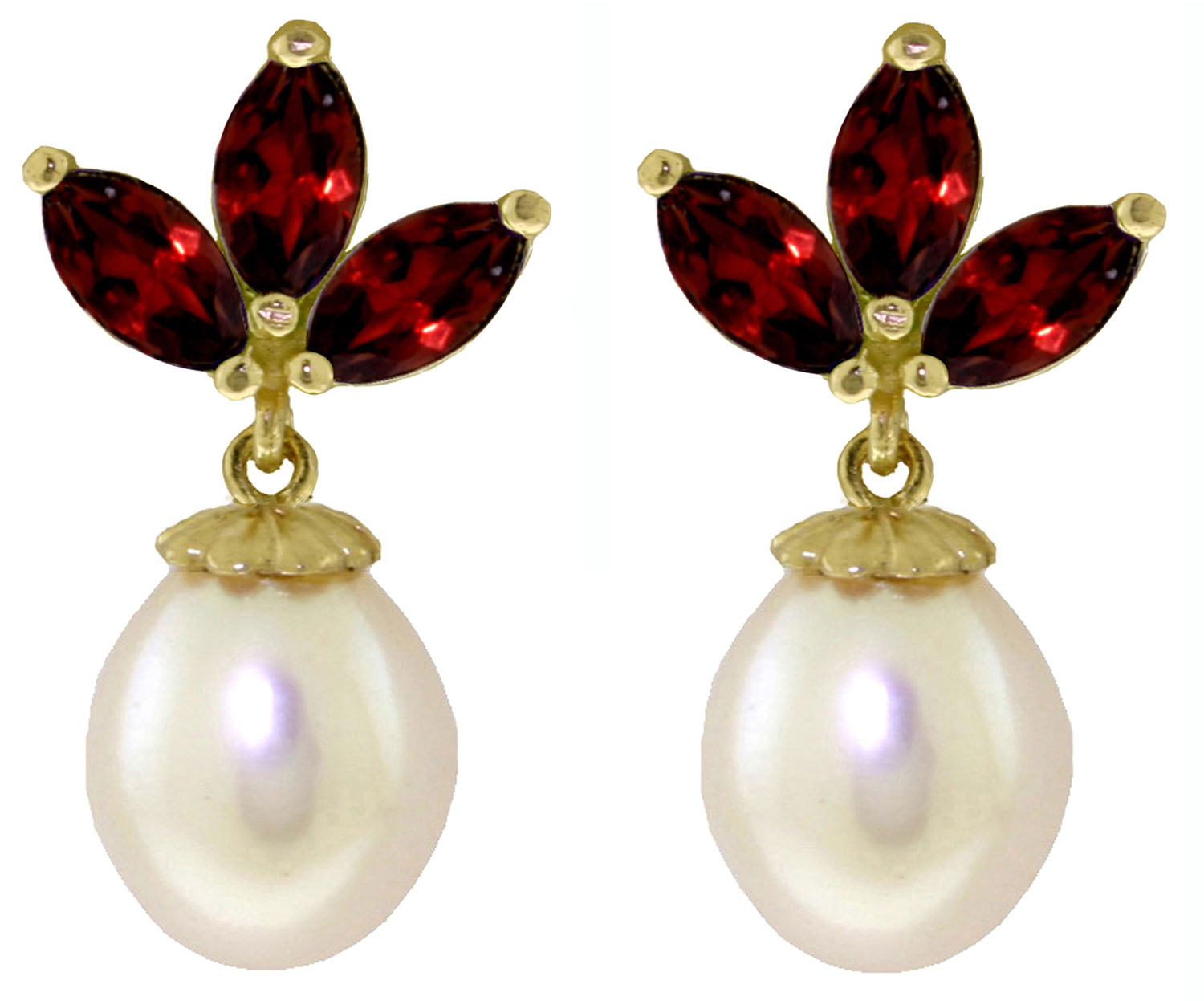 14K Solid Rose Gold Dangling Earrings Cultured Pearl  Garnets
