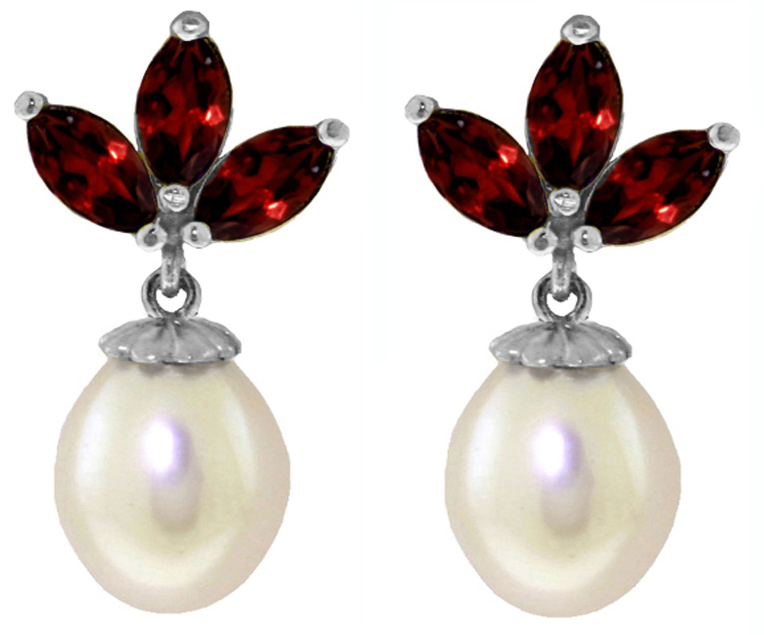 9.5 CTW 14K Solid White Gold Dangling Earrings Cultured Pearl Garnet