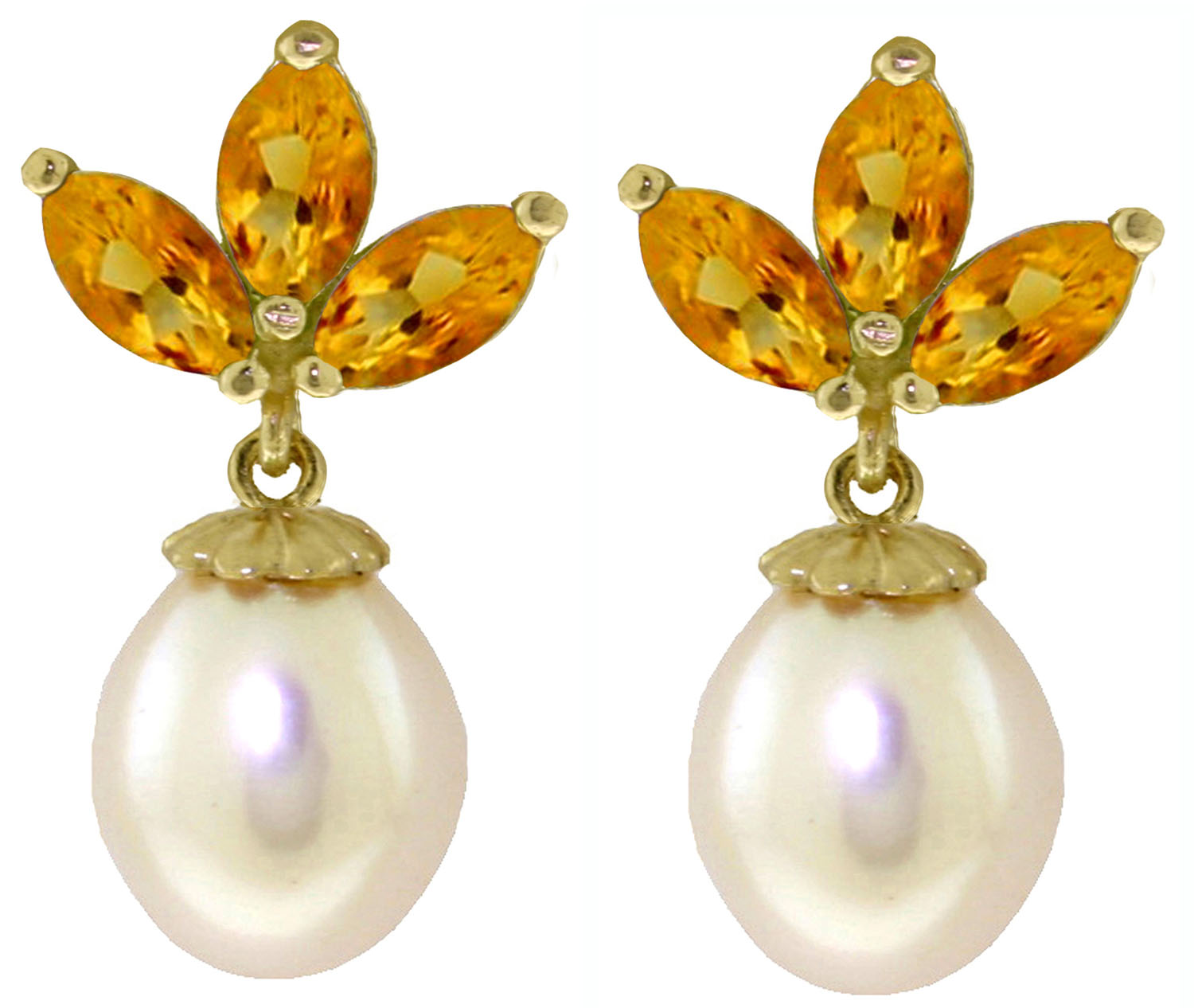 14K Solid Rose Gold Dangling Earrings Cultured Pearls  Citrine