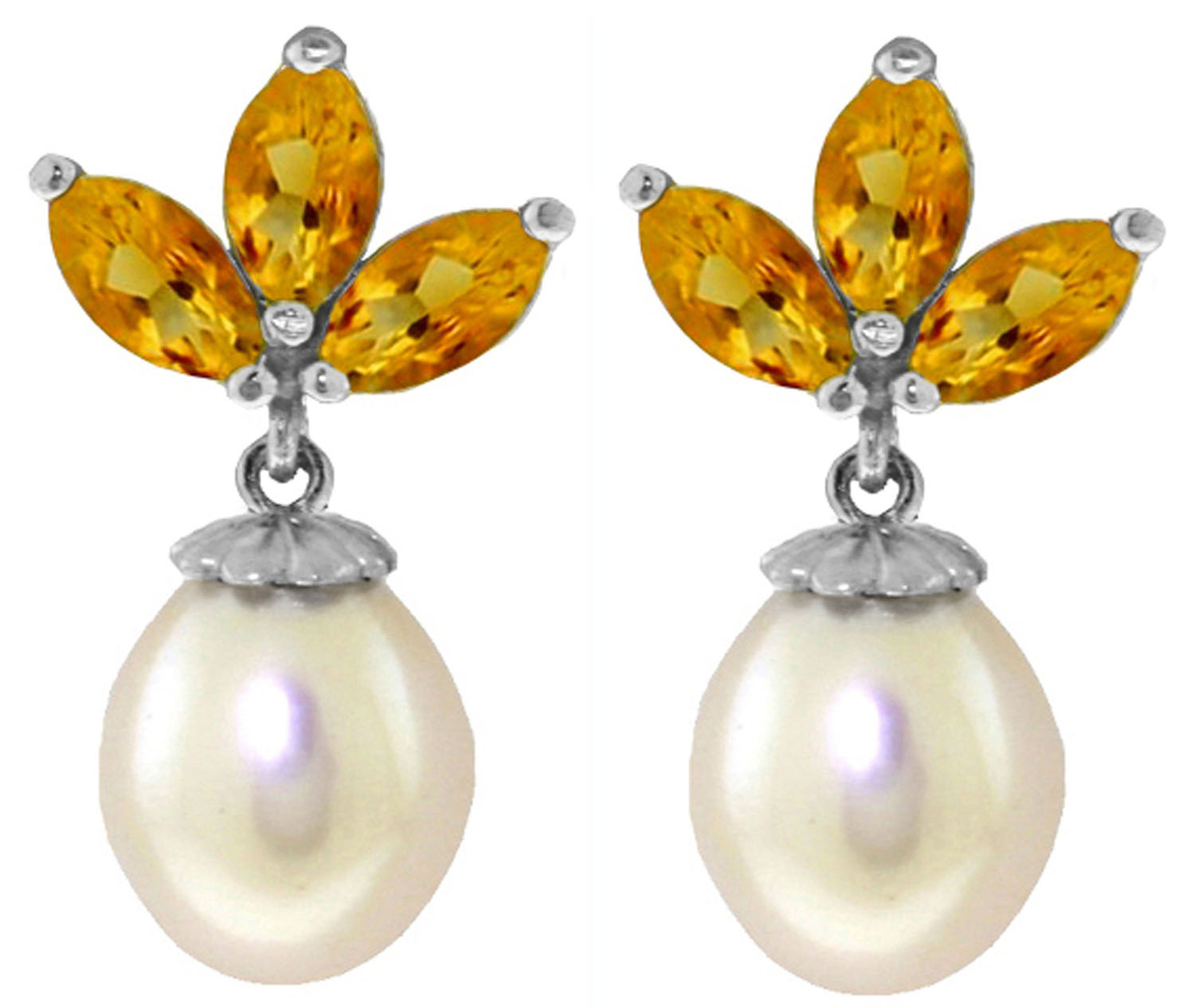 9.5 CTW 14K Solid White Gold Dangling Earrings Cultured Pearl Citrine