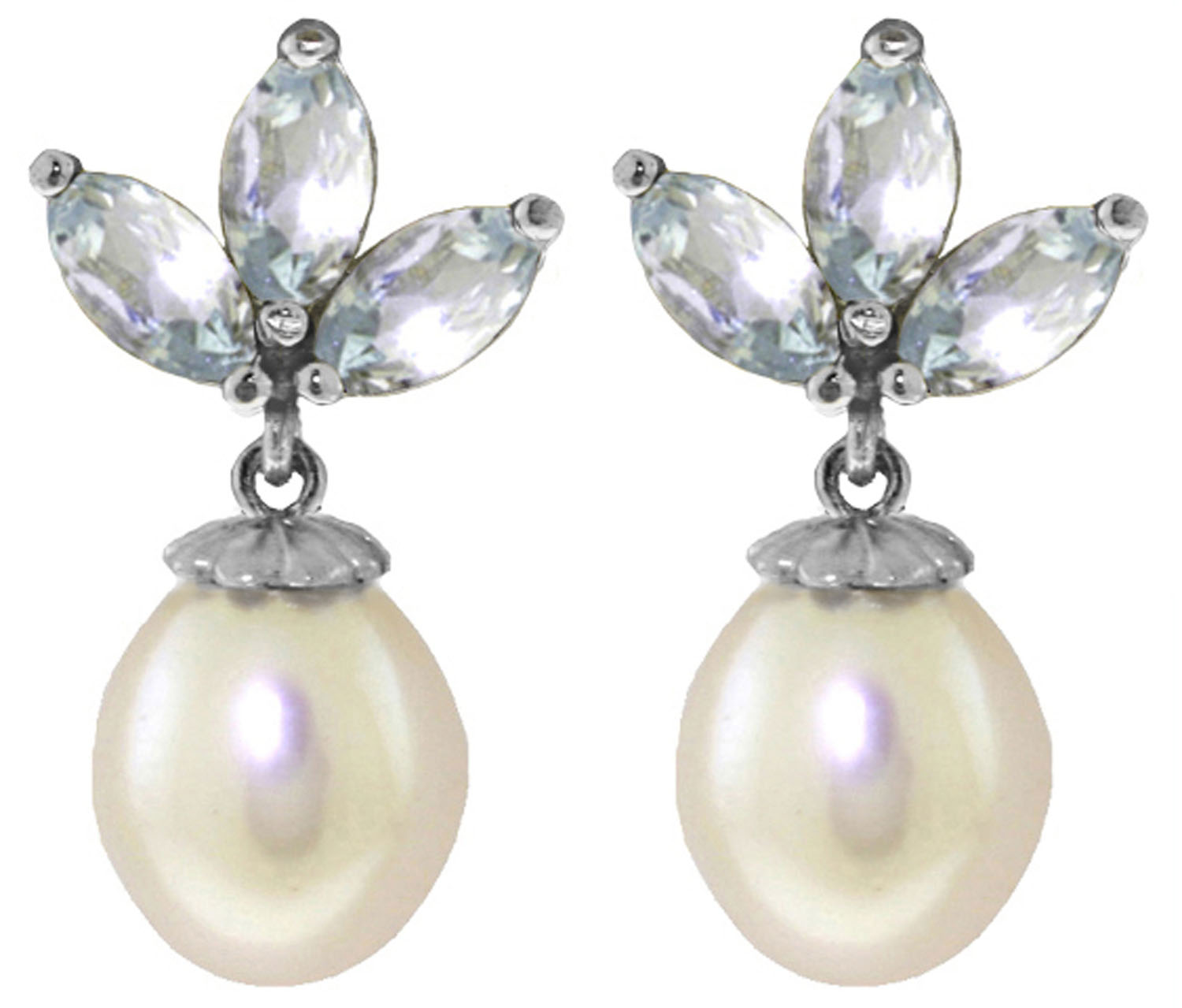 9.5 CTW 14K Solid White Gold Dangling Earrings Cultured Pearl Aquamarine