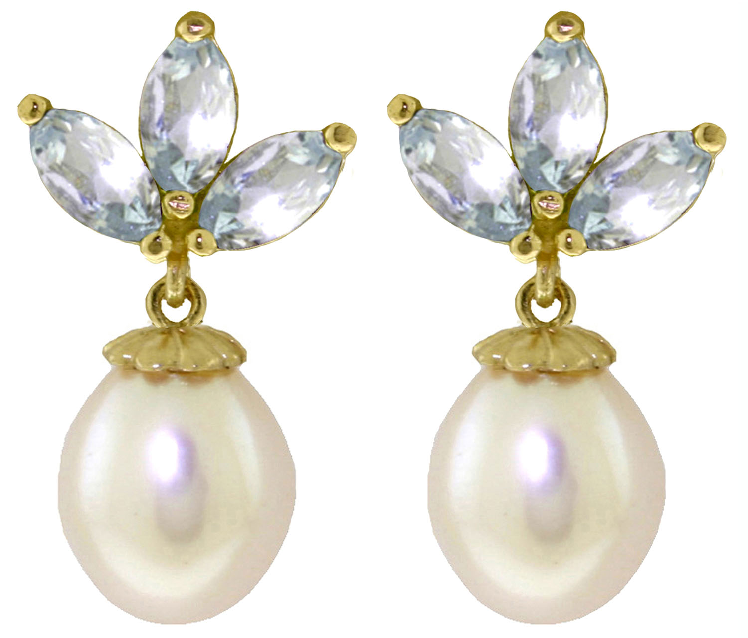 9.5 CTW 14K Solid Gold Dangling Earrings Cultured Pearl Aquamarine