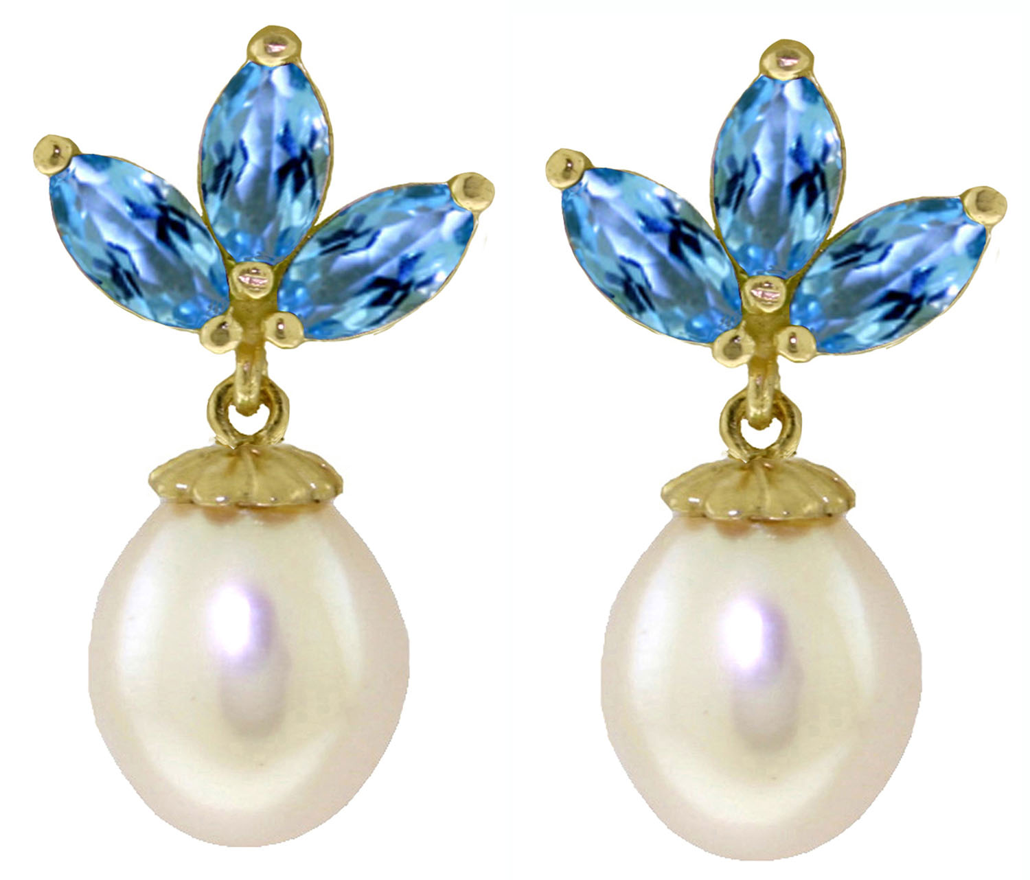 14K Solid Rose Gold Dangling Earrings Culture Pearls Blue Topaz
