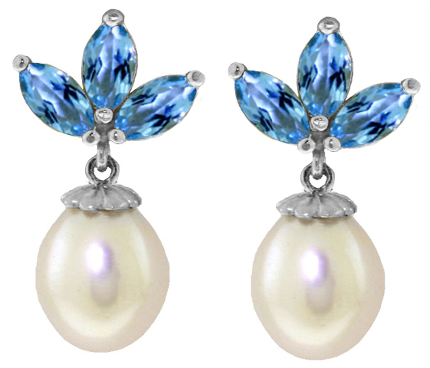 9.5 CTW 14K Solid White Gold Dangling Earrings Cultured Pearl Blue Topaz