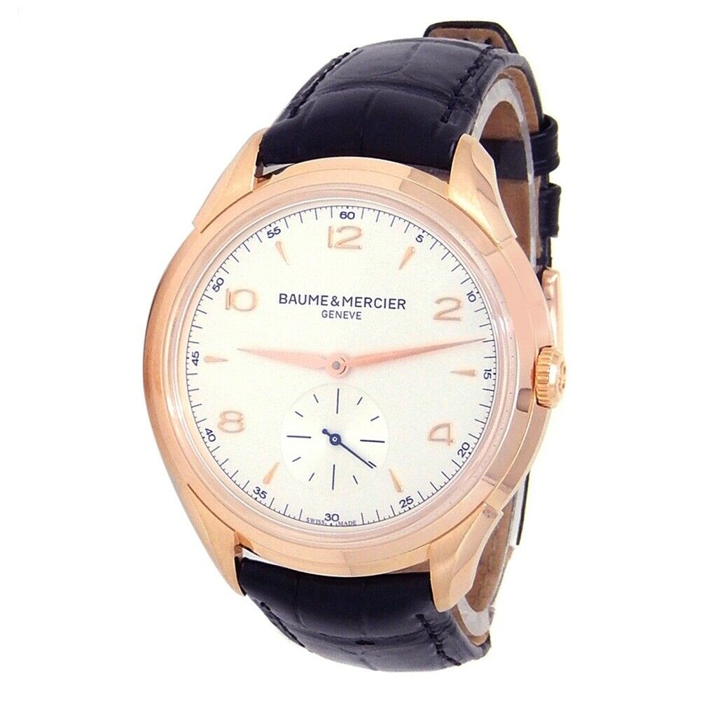 Baume  Mercier Clifton 18k Rose Gold Leather Manual Silver Men's Watch M0A10060