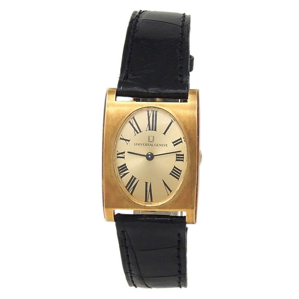 Universal Geneve 18k Yellow Gold Black Leather Manual Champagne Ladies Watch