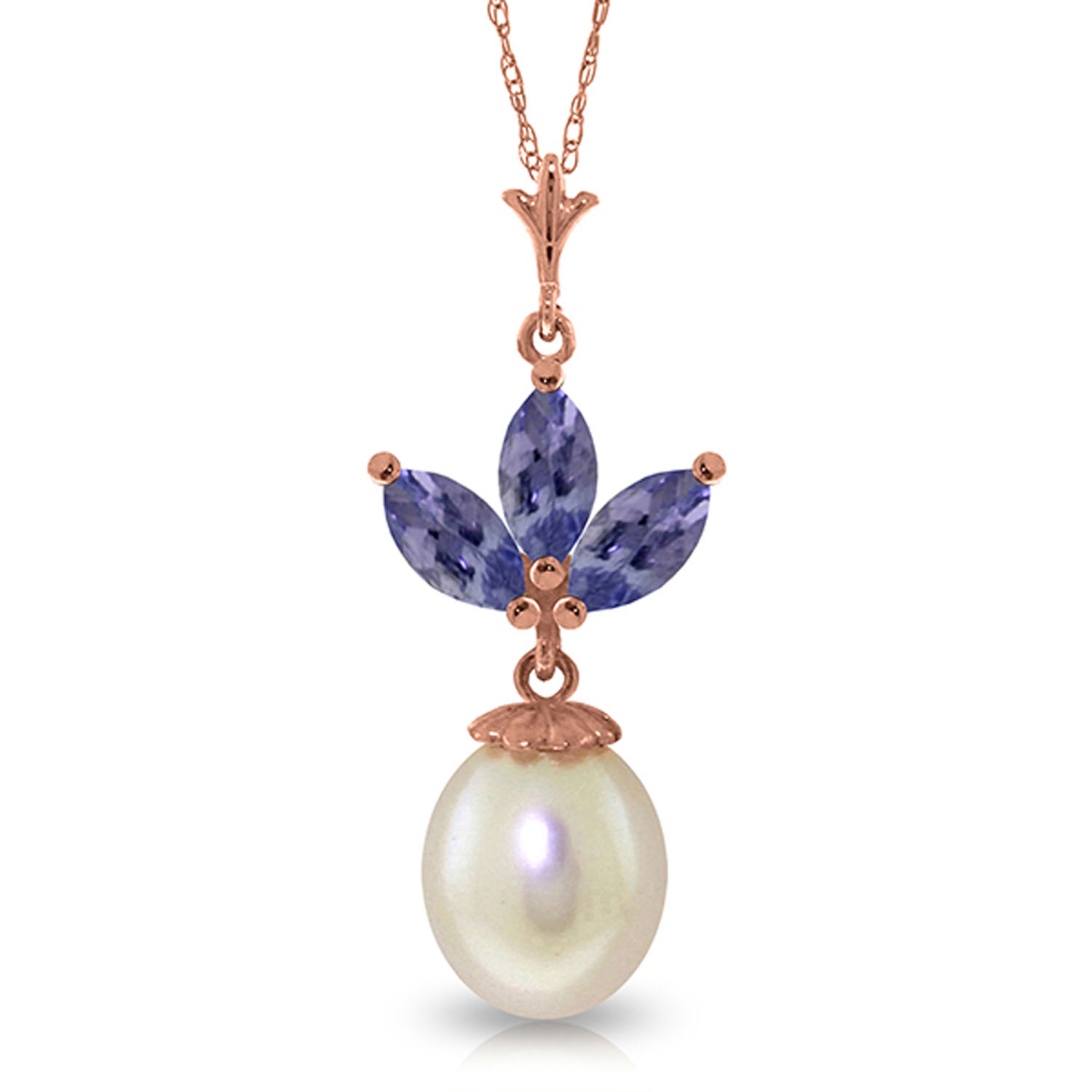 14K Solid Rose Gold Necklace with Cultured Pearl  Tanzanites