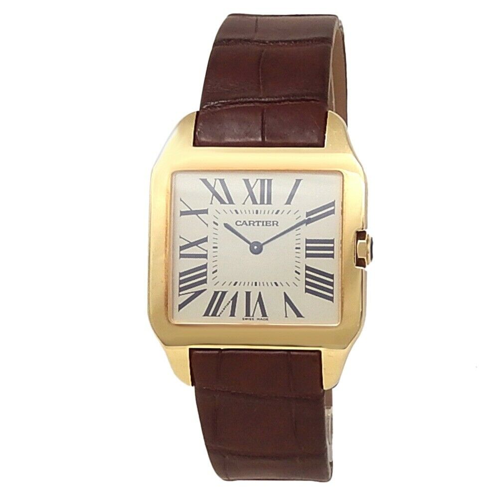 Cartier Santos Dumont 18k Yellow Gold Leather Manual Silver Men's Watch