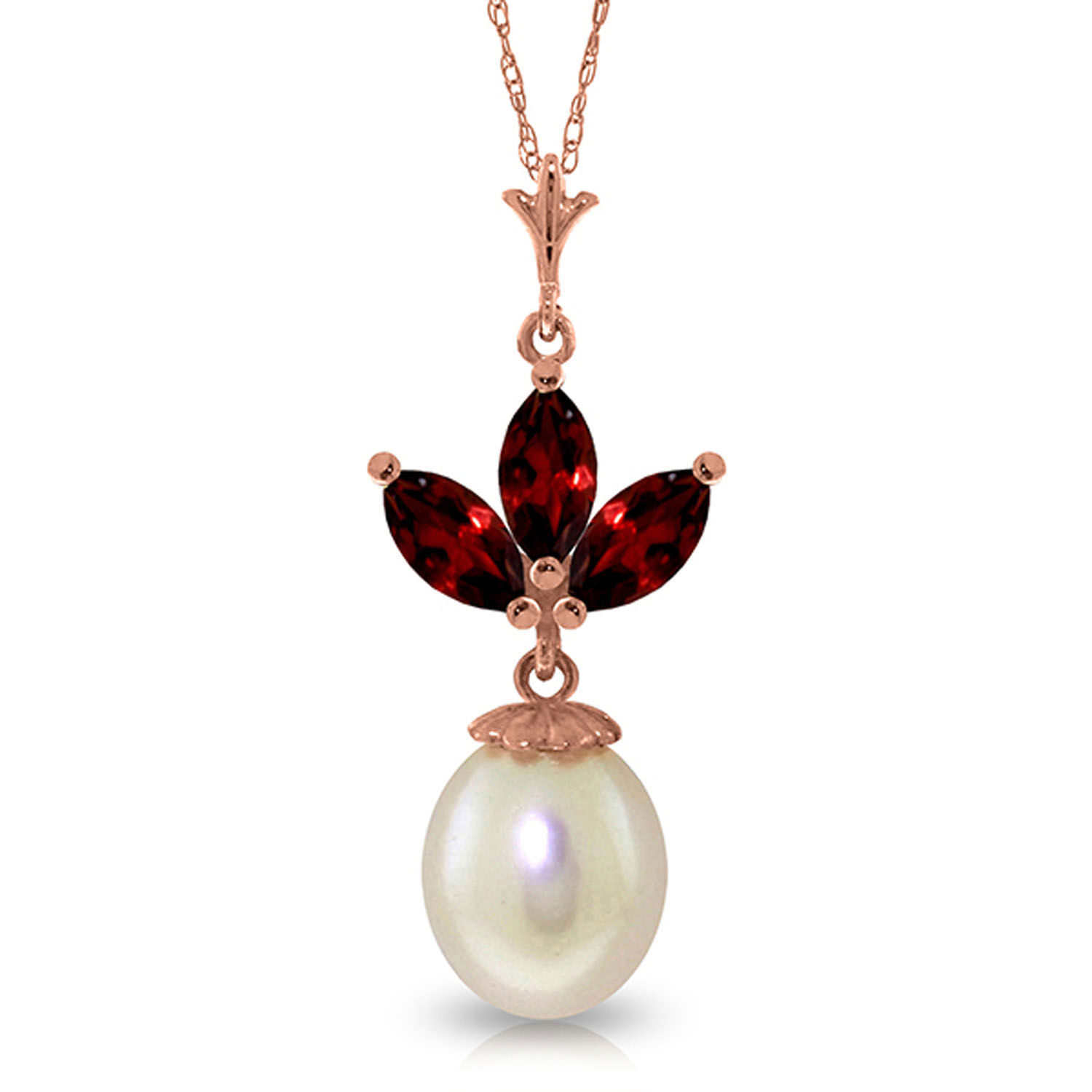 14K Solid Rose Gold Necklace with Cultured Pearl  Garnets