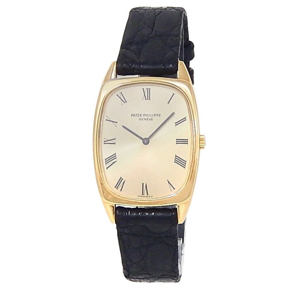 Patek Philippe Ellipse 18k Yellow Gold Black Leather Champagne Ladies Watch 3667