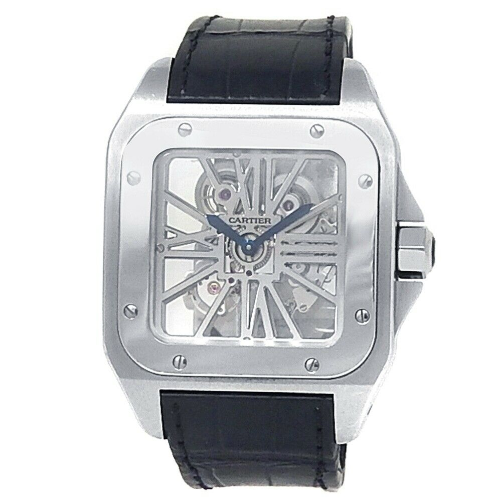 Cartier Santos 100 Palladium Black Leather Manual Skeleton Men's Watch W2020018