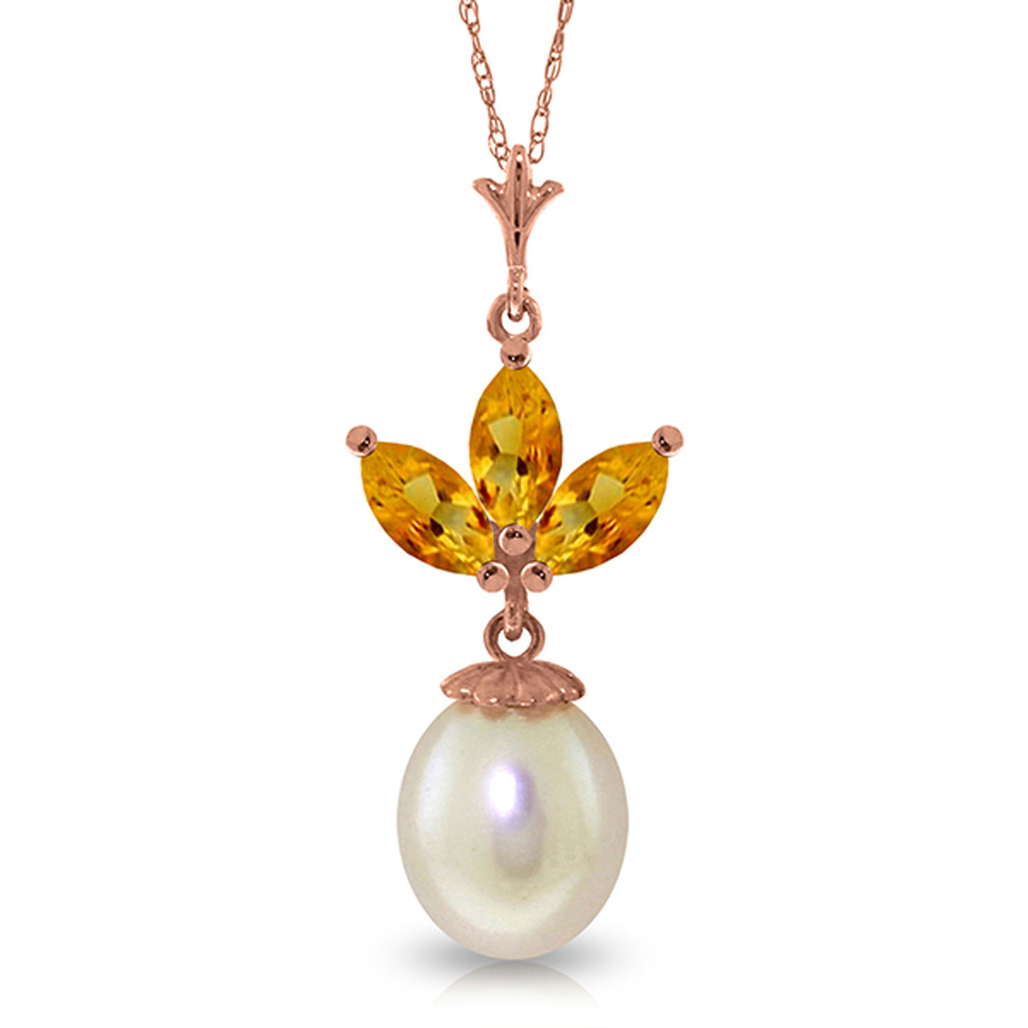 14K Solid Rose Gold Necklace with Cultured Pearl  Citrines