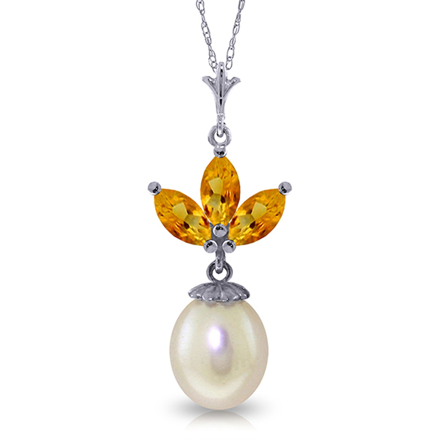 4.75 CTW 14K Solid White Gold Necklace Cultured Pearl Citrine