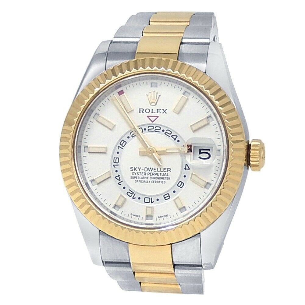Rolex Sky-Dweller 18k Yellow Gold Stainless Steel Oyster White Mens Watch