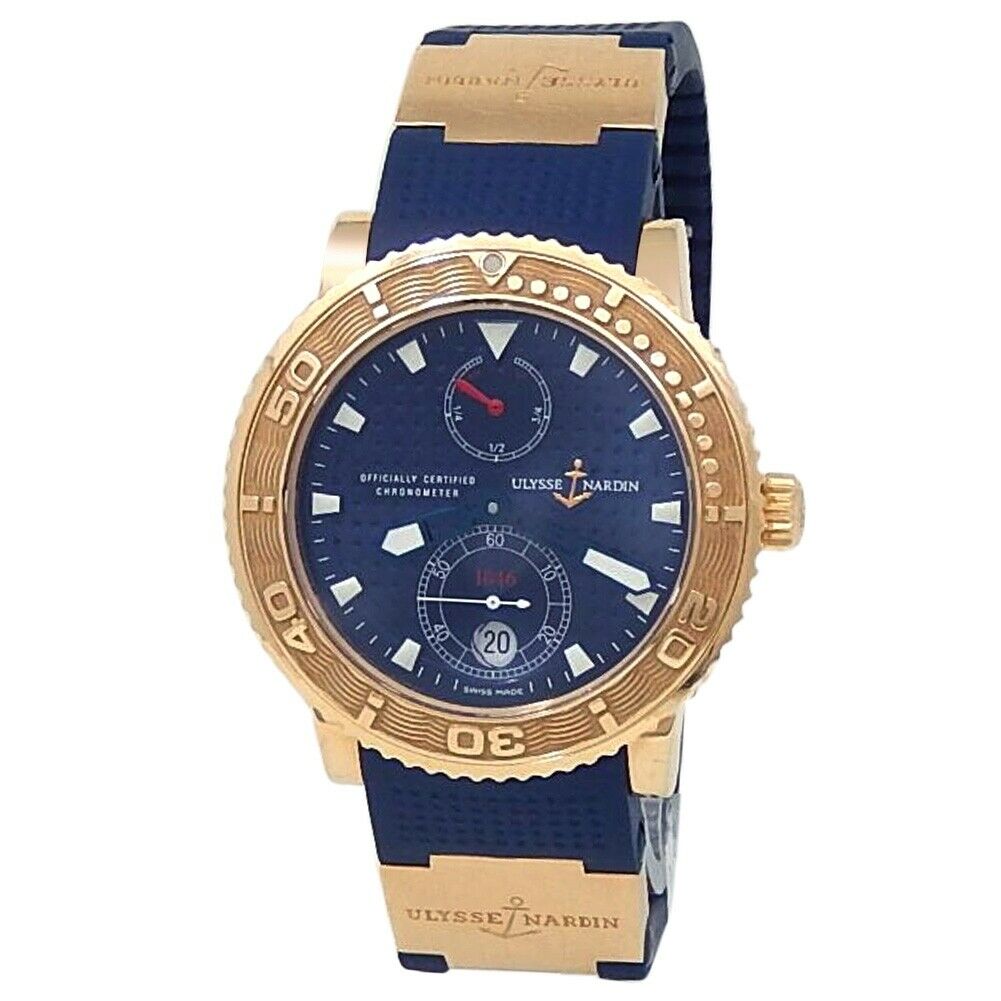 Ulysse Nardin Marine Diver 18k Rose Gold Rubber Auto Blue Mens Watch
