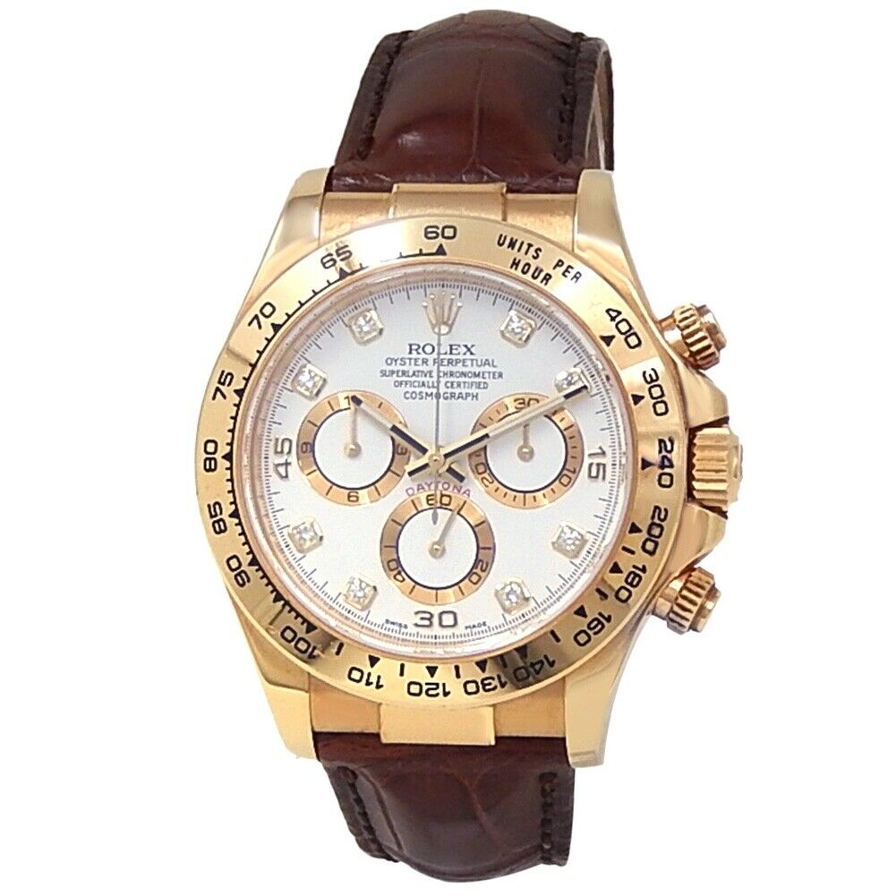 Rolex Daytona 18k Yellow Gold Brown Leather Automatic White Men's Watch