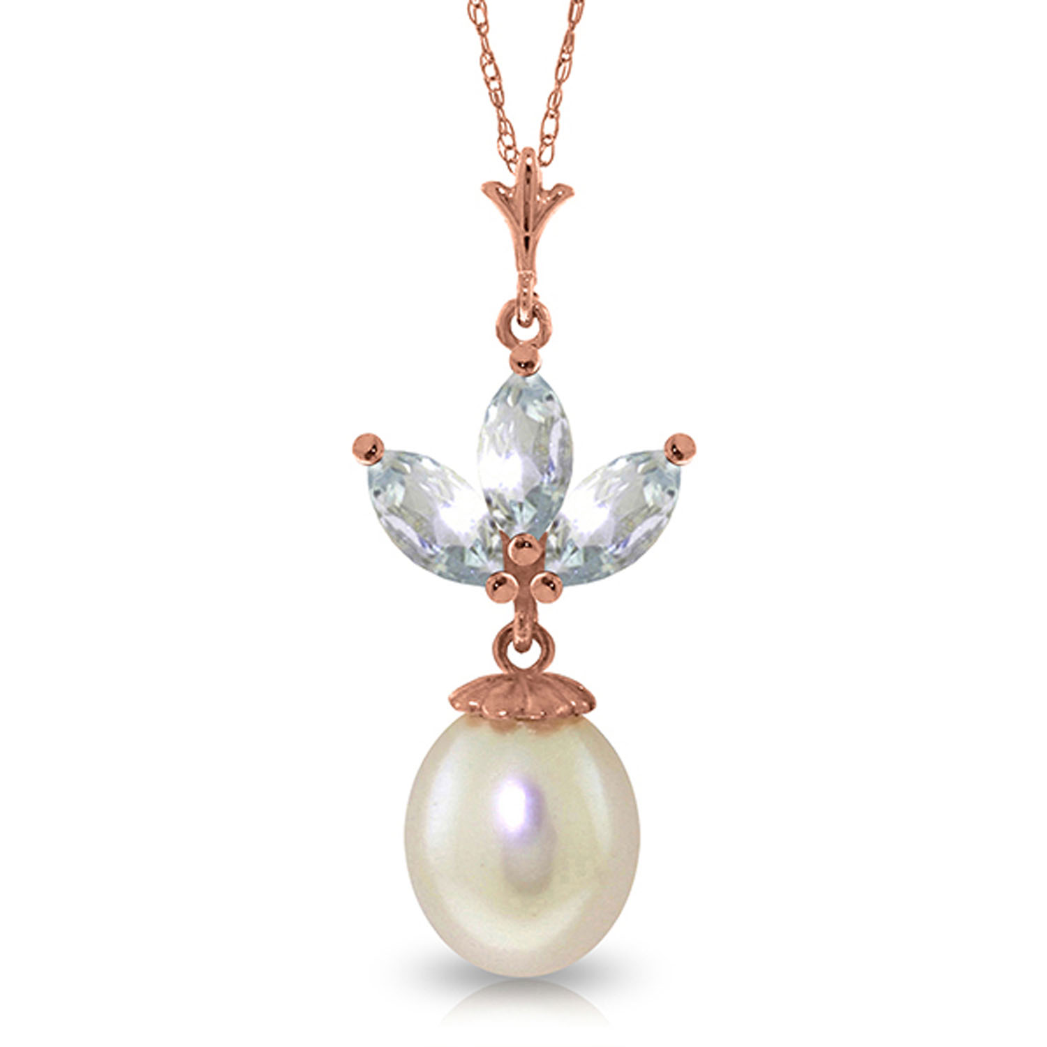 14K Solid Rose Gold Necklace with Cultured Pearl  Aquamarines