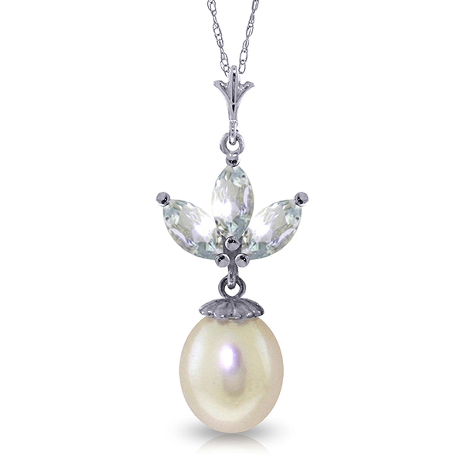 4.75 CTW 14K Solid White Gold Necklace Cultured Pearl Aquamarine